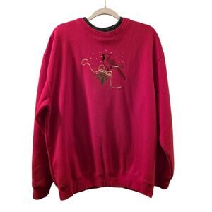Vtg Embroidered Cardinal Crewneck Sweatshirt Double Collar Christmas Holiday L